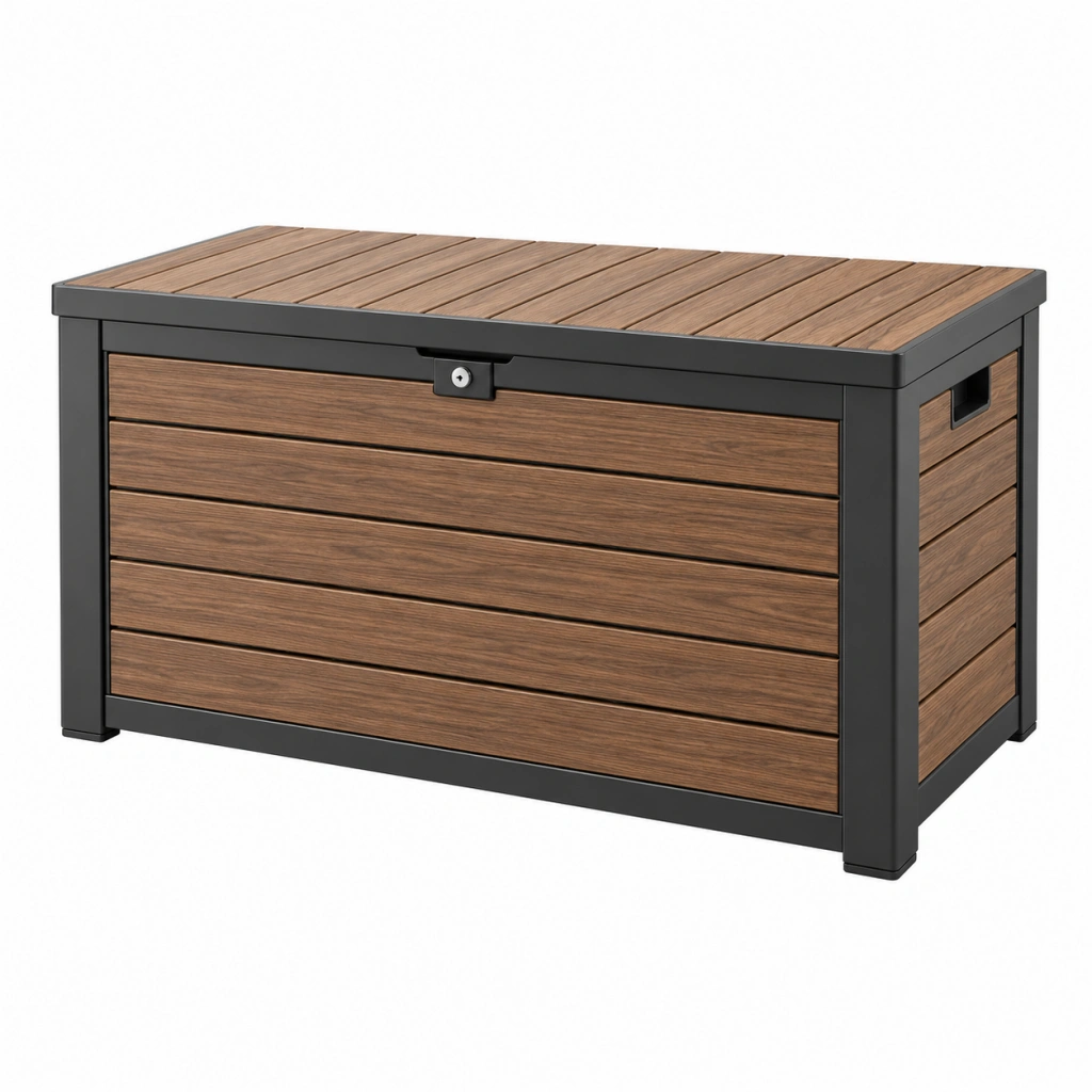 Garten-Aufbewahrungsbox 120 x 60 x 65 cm aus Holz und Metall in Braun Schwarz mit Deckel