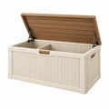 Aufbewahrungstruhe 116 x 55 x 62 cm aus Kunststoff in Beige Braun mit Holzoptik Deckel