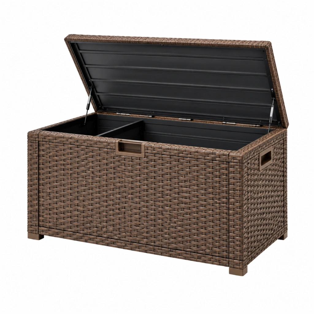Aufbewahrungsbox 120 x 60 x 60 cm Kunststoffgeflecht Braun für Garten mit Klappdeckel