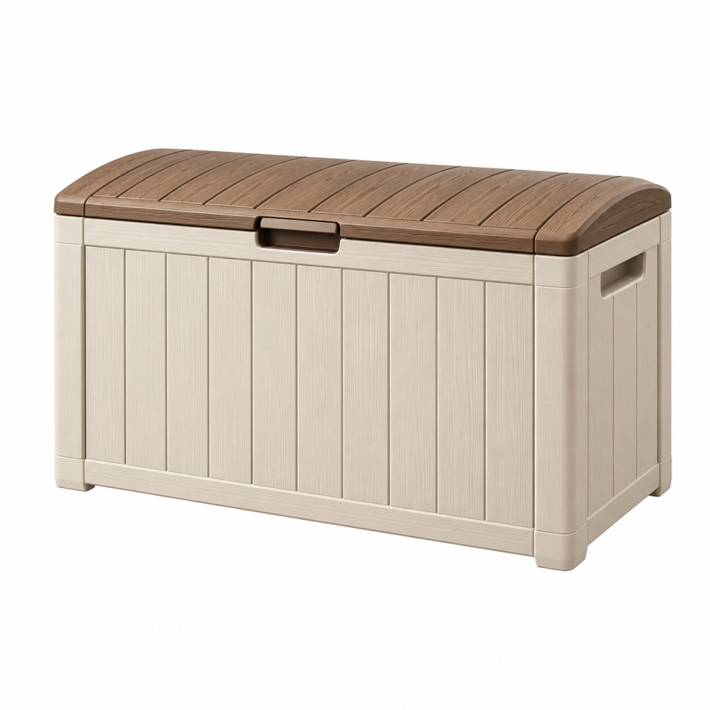 Garten-Aufbewahrungsbox 120 x 60 x 63 cm Kunststoff Beige/Braun mit Holzoptik und Klappdeckel