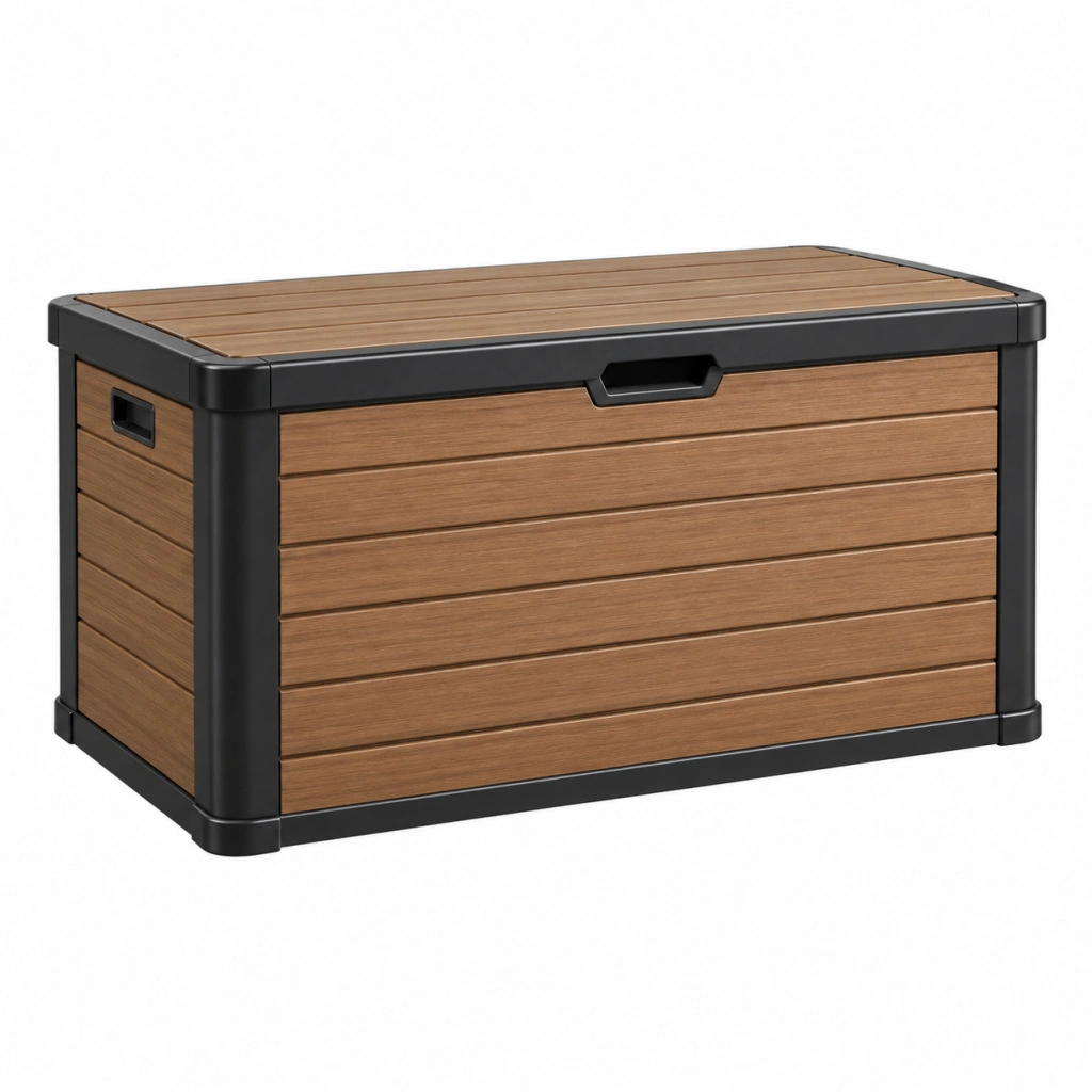 Aufbewahrungsbox 120 x 60 x 65 cm Kunststoff Holzoptik Braun Schwarz - Stauraum mit Klappdeckel