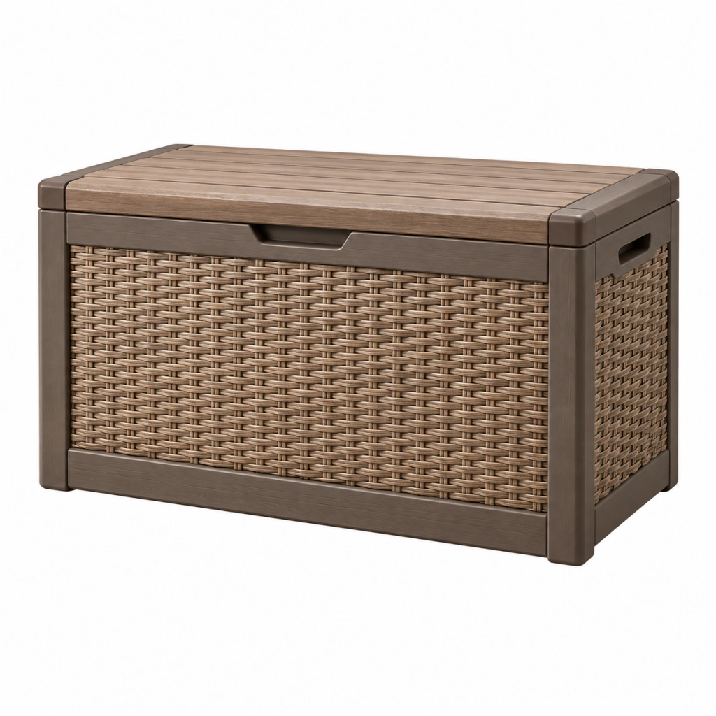Aufbewahrungsbox 78 x 55 x 43 cm Kunststoff Braun für Außenbereich mit Deckel in Rattanoptik