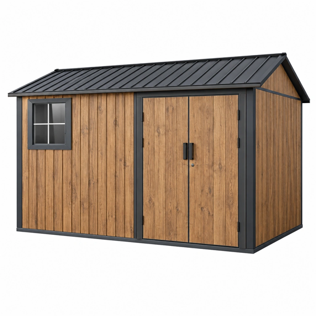 Gartengerätehaus 250 x 200 x 220 cm Stahl in Holzoptik Braun Schwarz mit Doppeltür und Fenster