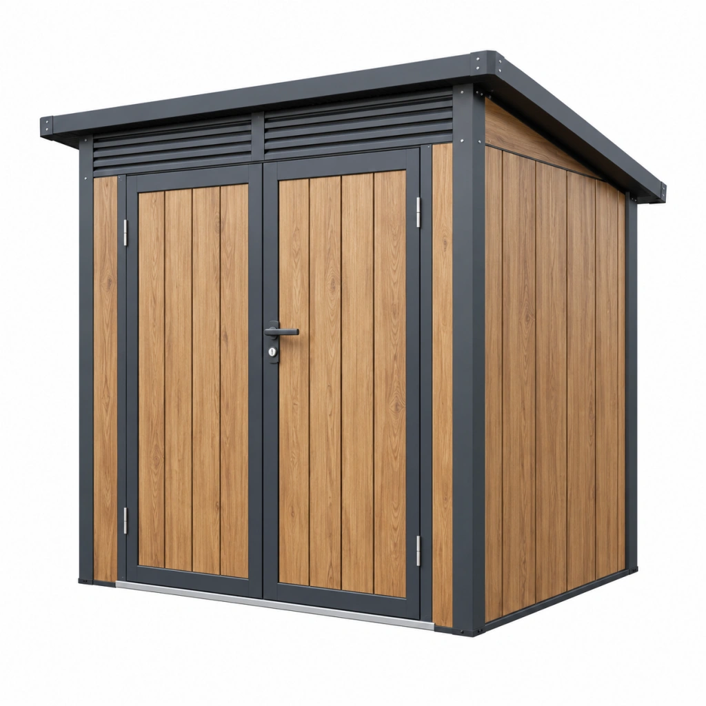 Gartenhaus 180 x 120 x 200 cm Metall in Holzoptik mit Doppeltür und Pultdach
