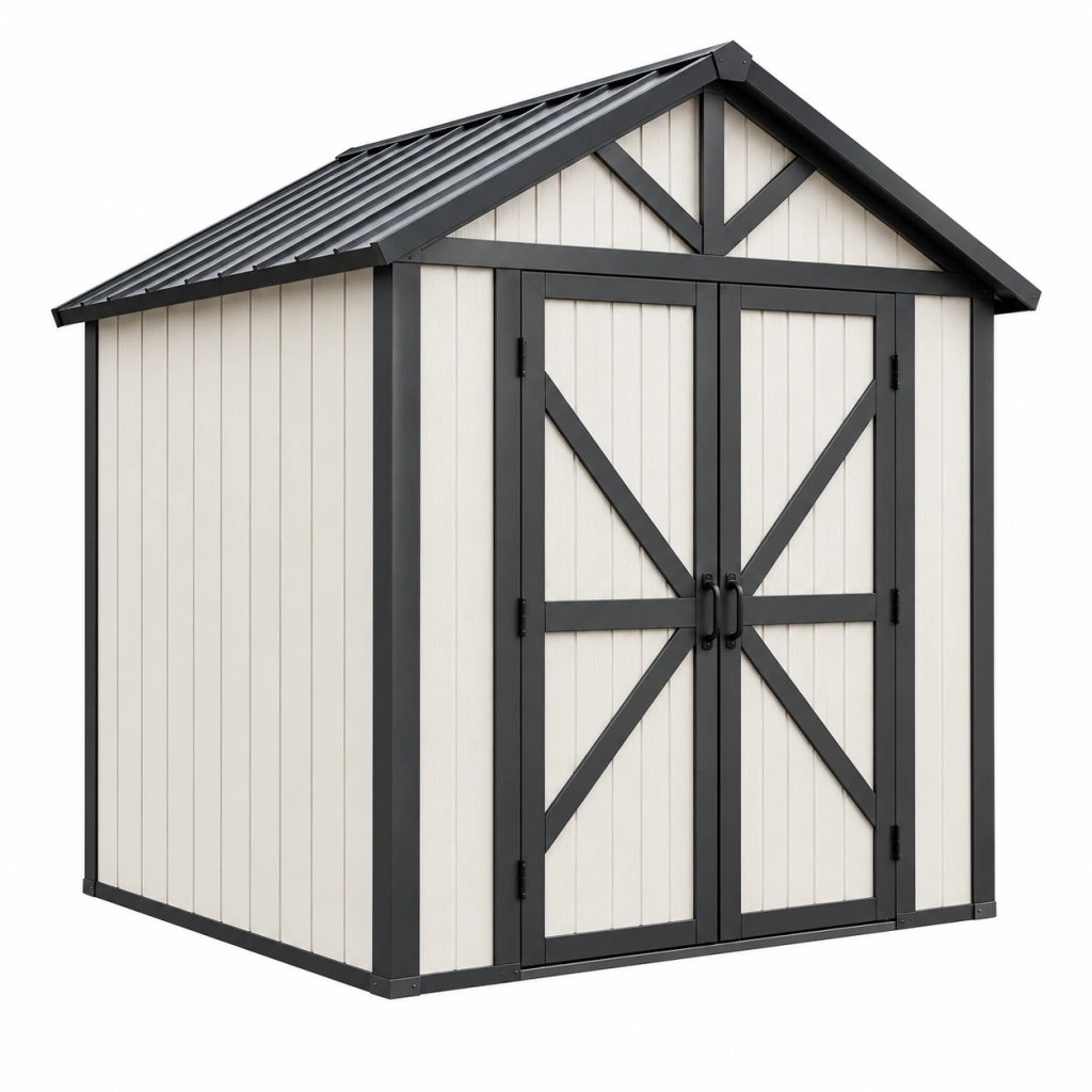 Gartengerätehaus 180 x 120 x 204 cm aus Stahl cremeweiß schwarz mit Doppeltür im Landhausstil