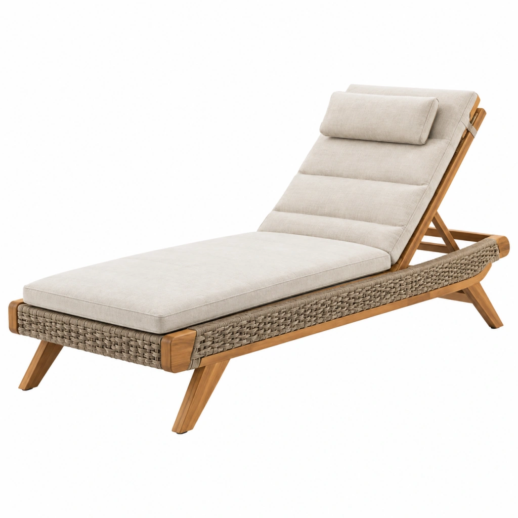 Gartenliege 200 x 70 x 90 cm aus Holz und Geflecht in Beige Braun mit verstellbarer Rückenlehne