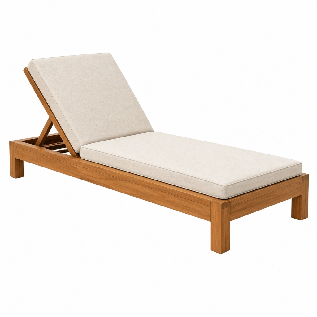 Gartenliege 200 x 70 cm aus Holz mit beigem Polster und verstellbarer Rückenlehne