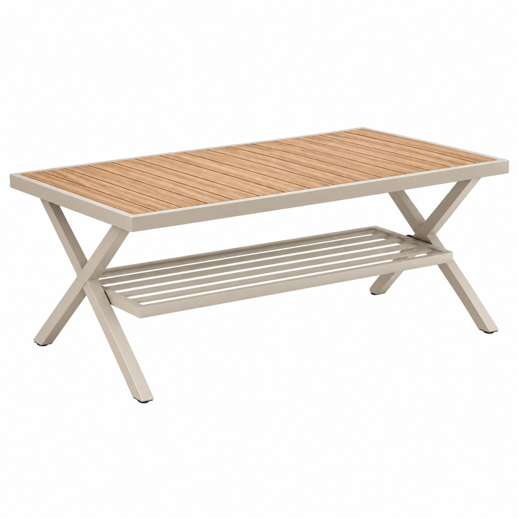 Gartentisch 150 x 90 x 75 cm aus Aluminium und Holz in Beige Natur - rechteckig mit Ablage