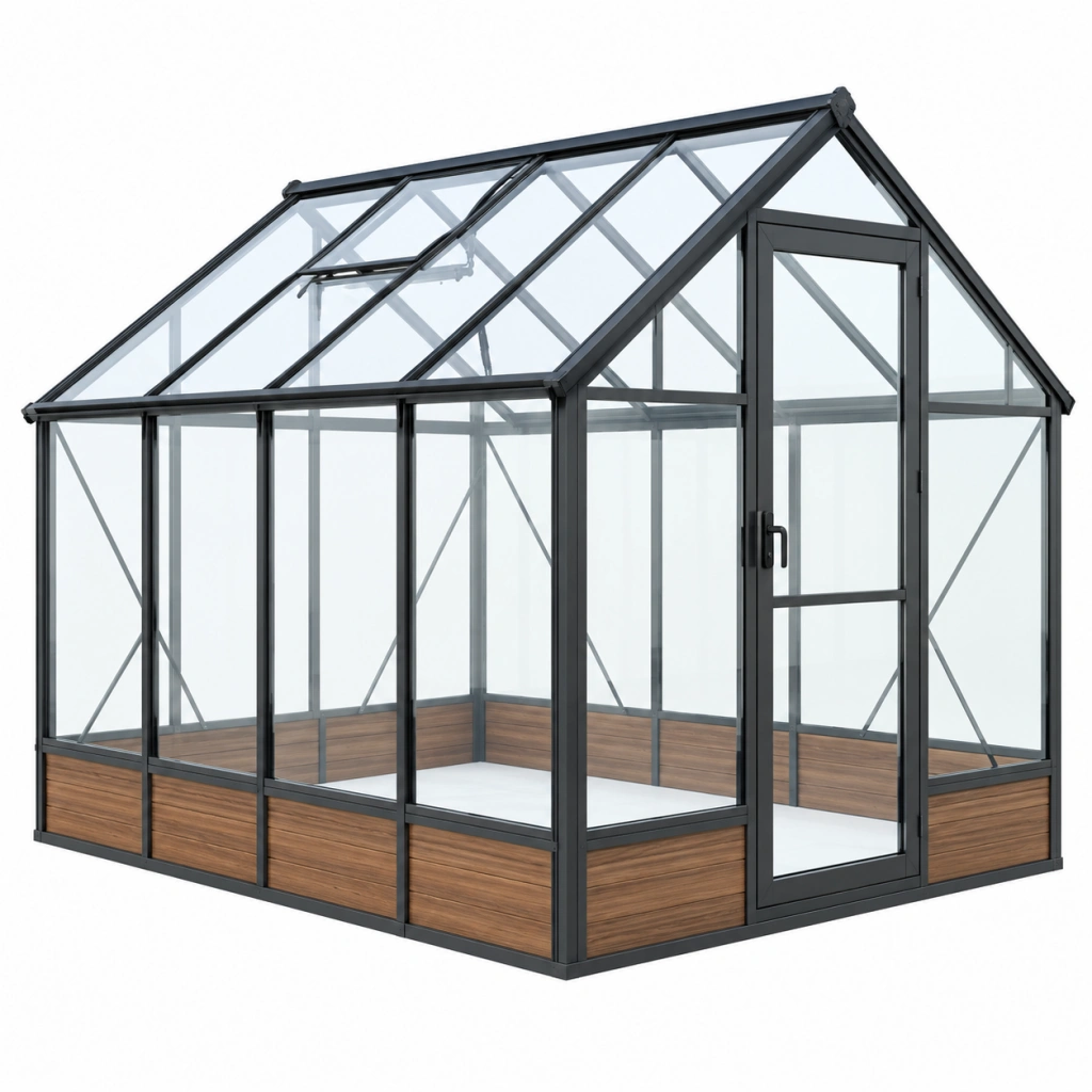 Gewächshaus 190x190x195 cm aus Aluminium Schwarz mit transparenten Paneelen und Drehtür