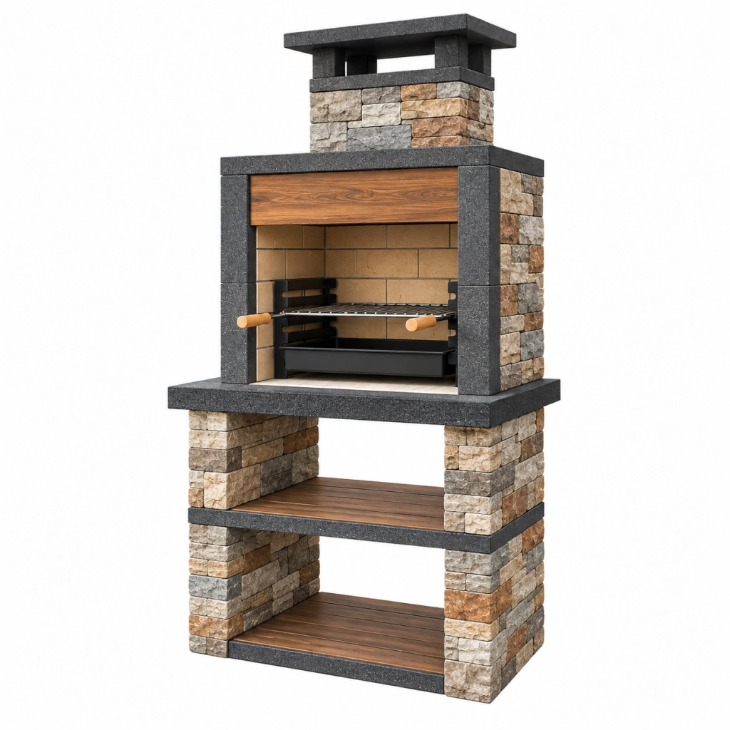 Grillkamin 120 x 70 x 220 cm aus Stein Anthrazit für den Außenbereich mit Grillrost und Ablagen