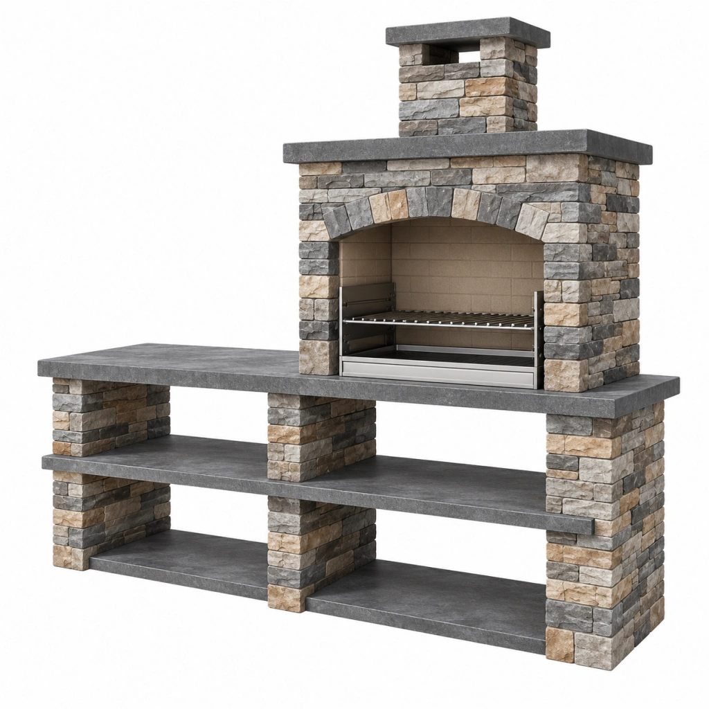 Grillkamin 240 x 70 x 220 cm aus Stein in Grau Beige mit Ablageflächen für den Außenbereich
