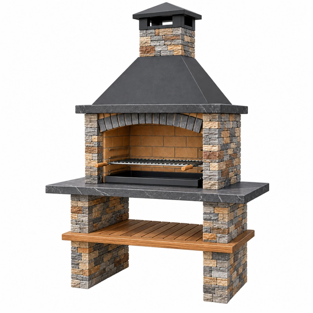 Garten-Grillkamin 120 x 70 x 230 cm Steinverkleidung Schwarz Braun mit Grillrost