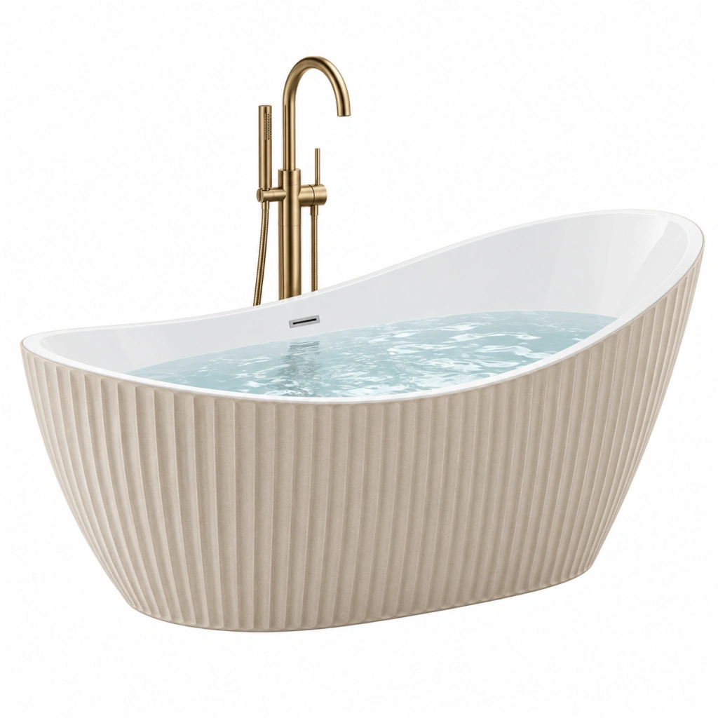 Freistehende Badewanne 170 x 80 x 75 cm Acryl Beige Weiß geriffelte Oberfläche mit Standarmatur
