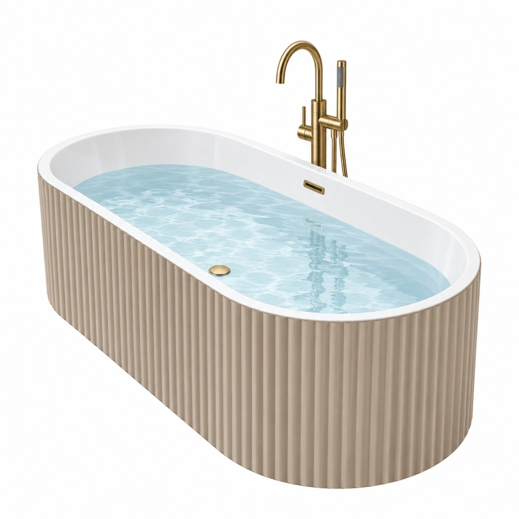 Freistehende Badewanne 170 x 75 x 58 cm Acryl Beige Weiß gerilltes Design