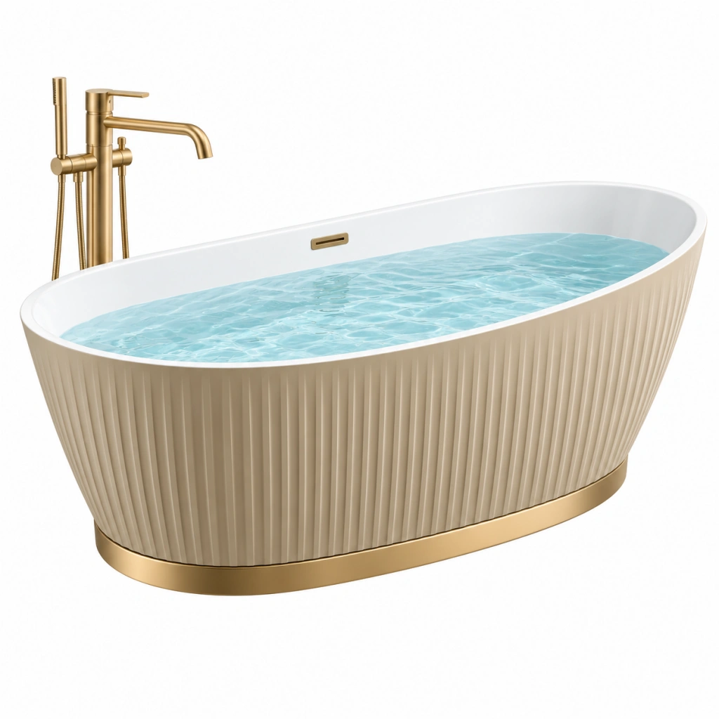 Freistehende Badewanne 170 x 80 cm aus Acryl cremeweiß mit goldfarbenem geriffeltem Sockel