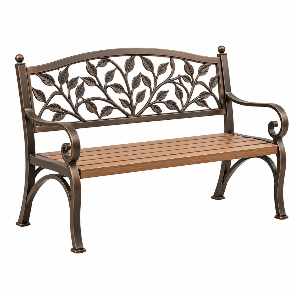Gartenbank 122 x 61 x 90 cm aus Metall und Holz Braun Bronze - 2-Sitzer mit Blattornamenten